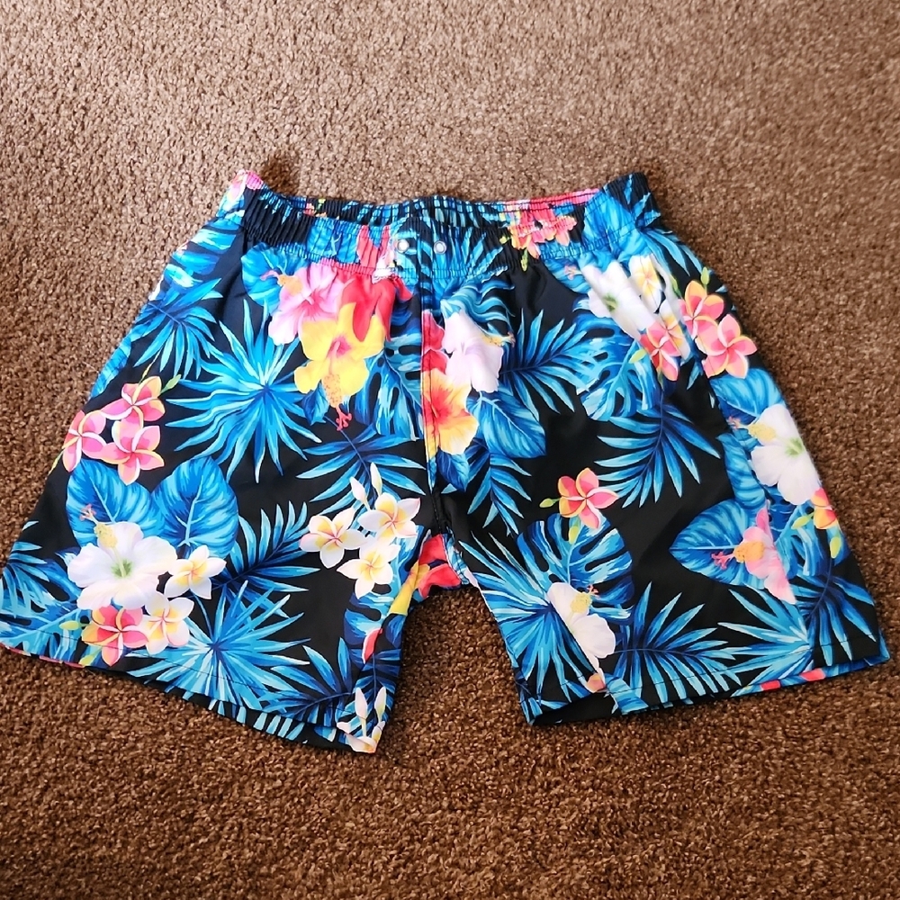 Source Unknown Athletic Shorts Blue and Pink Floral Design
